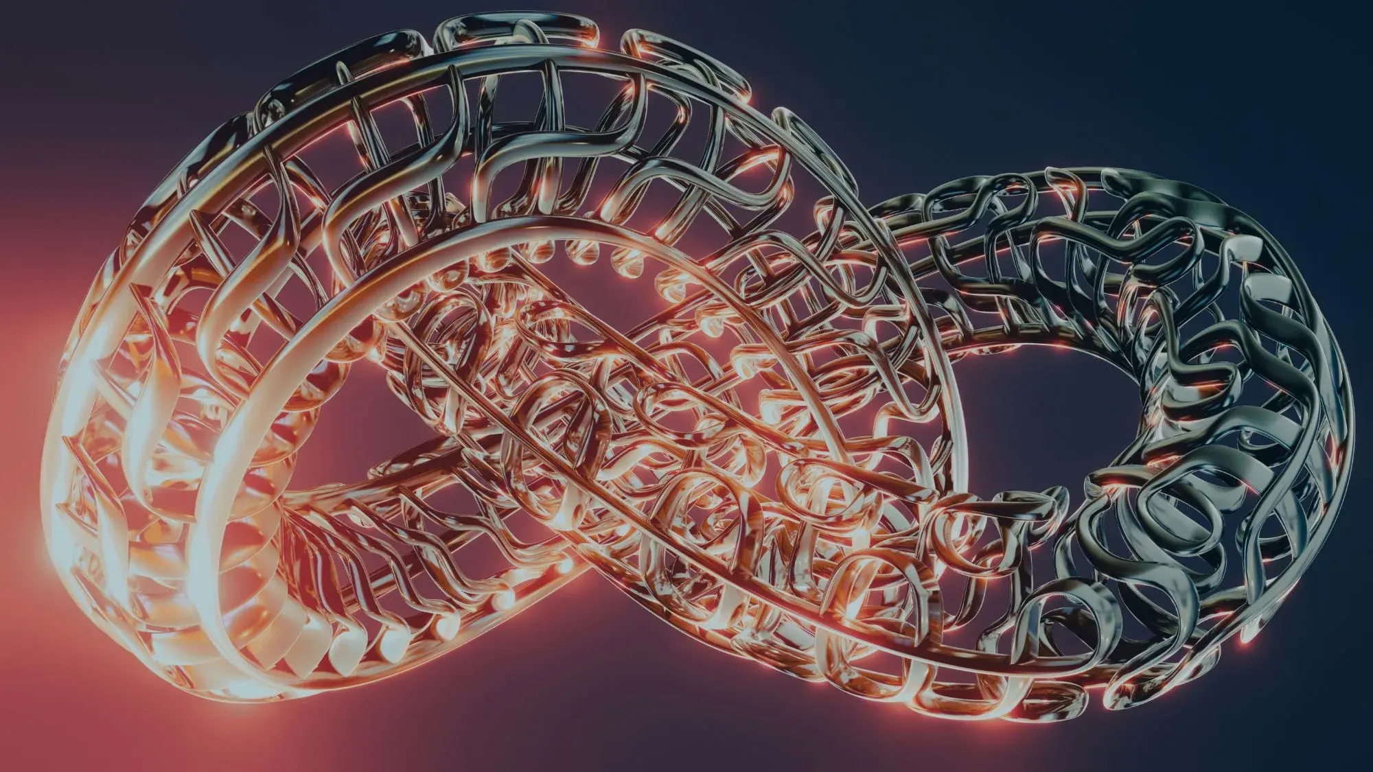 A glowing metallic lattice twisted into a looping, Möbius-like shape against a dark blue background